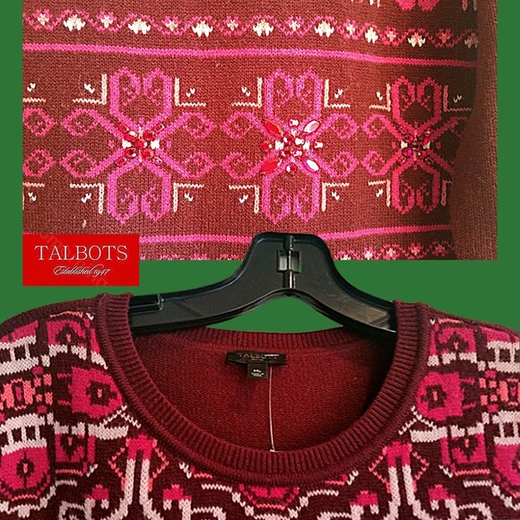 TALBOTS NEW Artsy Maximalism Lambswool Blend Medallion/Crystals Jewel Sweater M - Picture 6 of 12